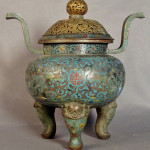 18th-century Qianlong cloisonné censer with kirin lid, 16 inches tall, estimate $6,000-$8,000. Sterling Associates image.