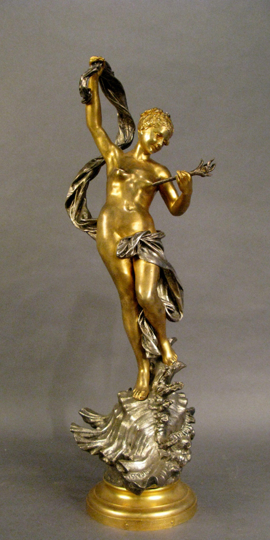 Luca Madrassi (French, 1848-1919) dore and silvered bronze nymph on a conch shell, 30 inches tall, est. $4,000-$6,000. Sterling Associates image.