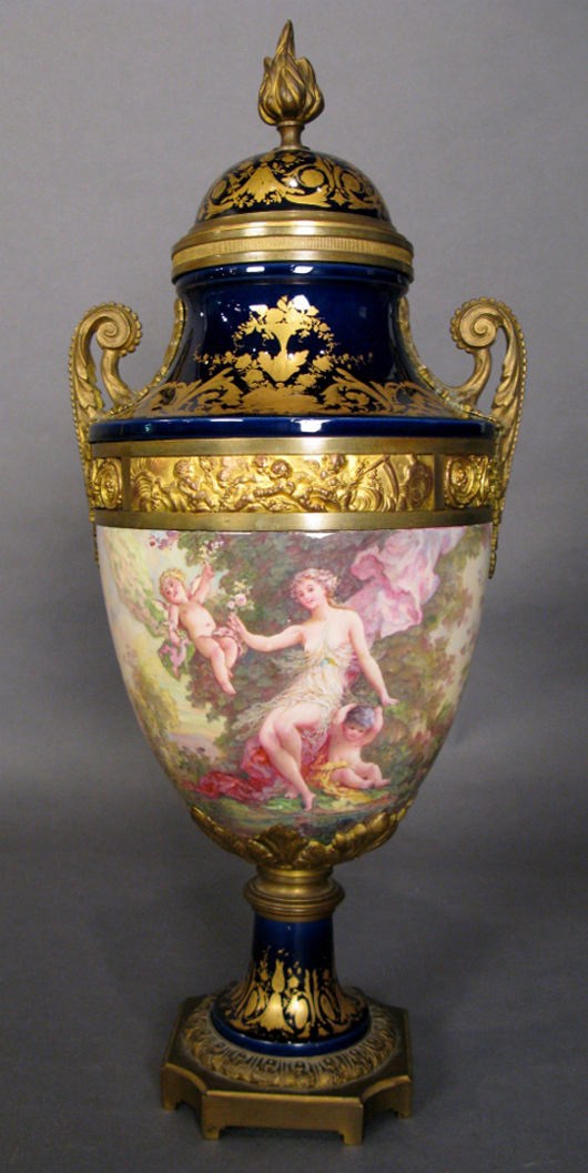 19th-century artist-signed Sevres dore bronze mounted covered vase, 22 inches, est. $3,000-$4,000. Sterling Associates image.   