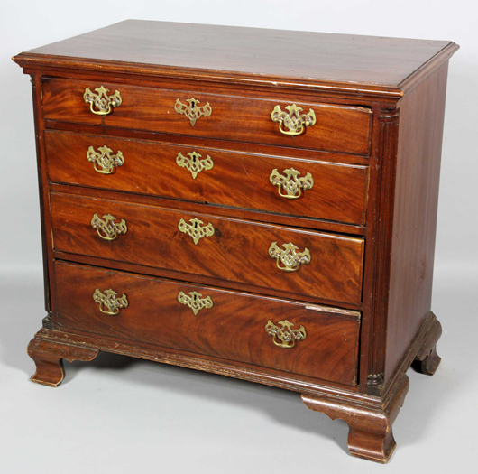 Circa 1770 Pennsylvania four-drawer mahogany chest with original batwing brasses and original surface, 34 inches high x 38 inches wide x 22 deep. Estimate: $1,500-$3,000. Image courtesy of Kaminski Auctions.