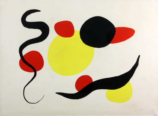 Alexander Calder (American, 1898-1976), abstract,  color  lithograph, 47/60, early 1950s, 22 x 30 inches, 24 x 31 3/4 inches (frame). Estimate: $15,000-$25,000. Image courtesy of Kaminski Auctions.
