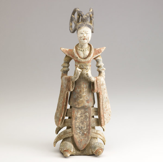 Chinese figure of a dancer, painted pottery, Tang Dynasty, late 7th/early 8th century, 14 inches. Estimate: $4,000-$6,000. Image courtesy of Rago Arts and Auction Center.