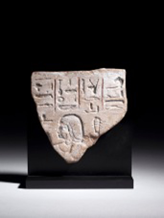 London antiquities dealers Charles Ede Ltd. will offer this fragment of an Egyptian sandstone relief, circa 1400 B.C., at £4,800 ($7,500) in their Christmas catalog.