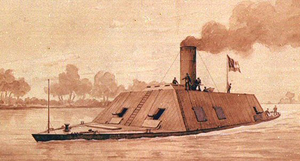 CSS Arkansas in a 1904 sepia wash drawing by R.G. Skerrett. From the U.S. Naval Historical Center courtesy of the Navy Art Collection. Image courtesy of Wikimedia Commons.