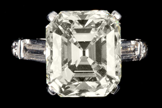 Impressive 9.90-carat platinum and diamond ring, centering on one emerald-cut diamond. Estimate $80,000-$100,000. Image courtesy of Leland Little Auction & Estate Sales Ltd.