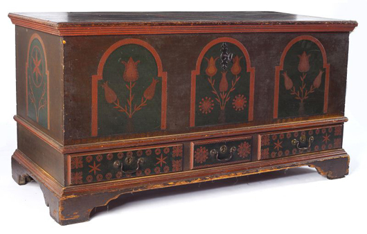 Paint-decorated Pennsylvania dower chest, 18th century. Estimate: $4,000-$8,000. Image courtesy of Leland Little Auction & Estate Sales Ltd.