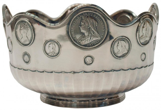 Elkington sterling silver commemorative Queen Victorian coin bowl, circa 1901. Bidding will start at $1.500. Image courtesy of Austin Auction Gallery.