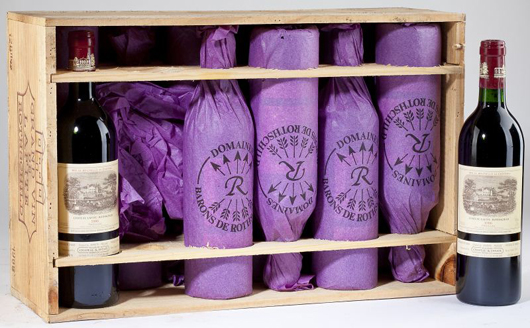 Twelve bottles of vintage 1986 Chateau Lafite Rothschild, removed from the subterranean wine cellar of an avid collector. Estimate: $27,500-$32,500. Image courtesy of Leland Little Auction & Estate Sales Ltd.