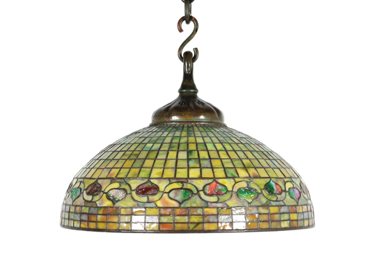 Tiffany Studios five-light pendant lamp, height 14 inches, diameter 18 1/2 inches. Estimate: $4,000-$6,000. Image courtesy of Morton Keuhnert Auctioneers & Appraisers.