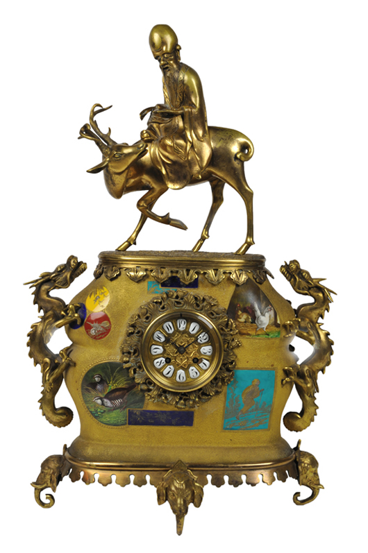 Japy Freres bronze dore Oriental-themed figural mantel clock, 26 3/4 x 16 1/2 x 10 inches. Estimate: $4,000-$6,000. Image courtesy of Morton Keuhnert Auctioneers & Appraisers.