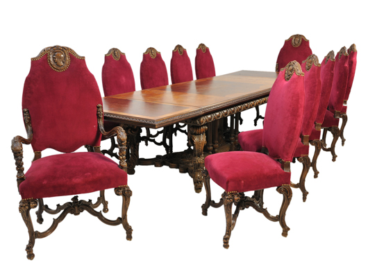 Italian Renaissance Revival dining room suite, table and 12 chairs, from Warner Brothers Studios. Estimate: $9,000-$12,000. Image courtesy of Morton Keuhnert Auctioneers & Appraisers.