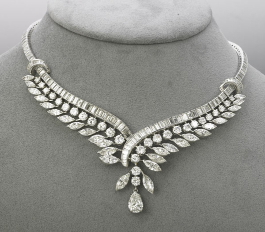 Important Julius Cohen platinum and diamond necklace, circa 1956, ribbon of baguette cut diamonds, suspends graduated circular brilliant and marquise cut diamonds, approximately 47 carats total weight. Estimate: $70,000-$90,000. Rago Arts and Auction Center. 