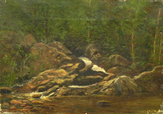 Original oil on canvas by David Johnson (1827-1908), titled 'Forest Landscape With Stream.' Image courtesy Crescent City Auction Gallery.