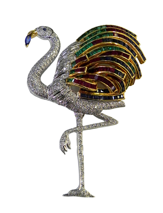 Unusual 18Kwhite and yellow gold flamingo brooch, modeled after the Duchess of Windsor's famous brooch. Image courtesy Crescent City Auction Gallery.