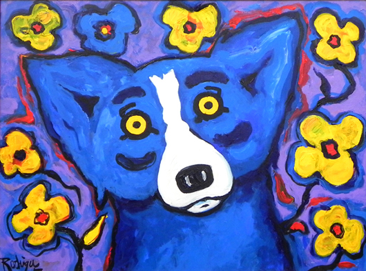 Original oil on canvas painting by George Rodrigue (b. 1944), titled 'Blue Dog is Happy,' artist signed. Image courtesy Crescent City Auction Gallery.