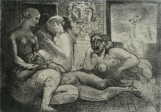 A hand-signed etching of Picasso's 'Four Nude Women and a Sculpted Head,' (Vollard Suite plate 82) 1932. Image courtesy of LiveAuctioneers.com Archive and Gilden Arts, London.