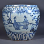 Large 19th-century Chinese jardinière featuring figural courtyard scene of Immortals brought in $9,680. 888 Auctions image.
