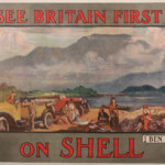 A Shell Oil poster by French artist Charles Fouqueray pictures Ben Lomond, a distinctive mountain in Scotland. The 1925 poster, one in a series by Fouqueray, is estimated to bring more than $1,500. Image courtesy of Onslows Auctioneers.