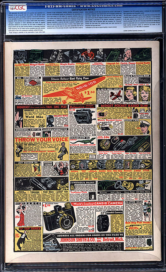 The back cover of 'Action Comics' #1, originally published in June 1938, features the ubiquitous Johnson Smith & Co. ads that would populate comic books for generations. Even on the back cover, the superior condition of this 9.0 copy is obvious. Image courtesy of ComicConnect.com.   