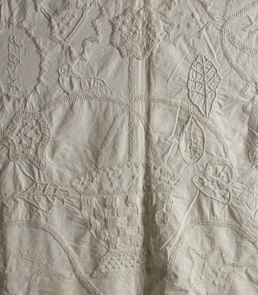 Closeup of stitchery on a Shenandoah Valley, Va., white-work quilt. Image courtesy of Virginia Quilt Museum and Beverley and Jeffrey S. Evans.