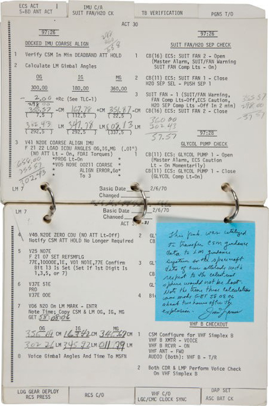 Apollo 13 flown checklist book directly from the personal collection of Mission Commander James Lovell, signed and certified. Image courtesy of Heritage Auctions and LiveAuctioneers.com Archive.