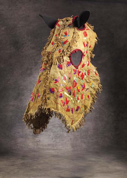 This is an example of a circa-1890s Santee Sioux horse mask. Native-American artifacts of this type are extremely rare. The hide mask is quilled in a leaf and flower pattern with fringed seams and edges. Image courtesy of LiveAuctioneers.com Archive and Brian Lebel's Old West Show & Auction.