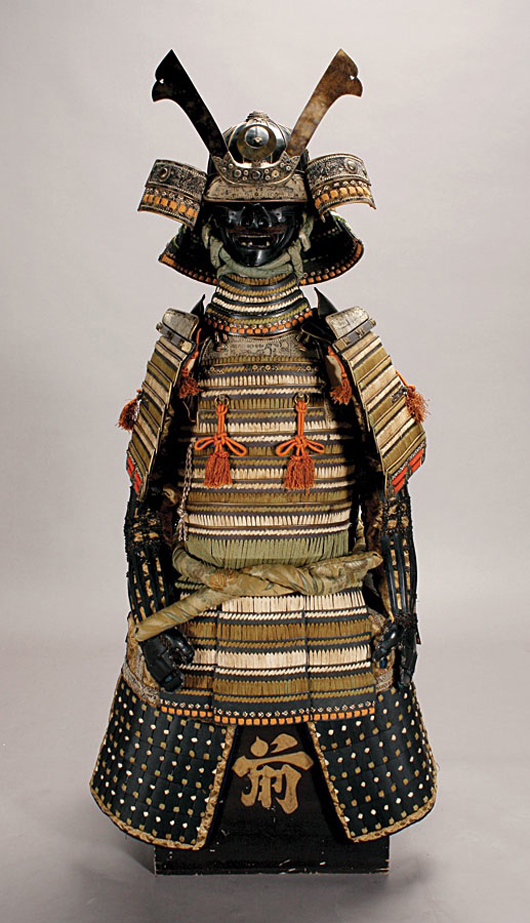 Japanese black lacquered suite of armor, post-Edo period. Estimate: $3,500-$5,000. Image courtesy of Michaan's Auctions. 