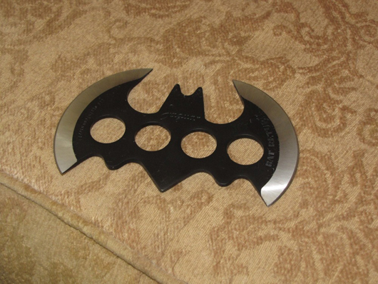 One of Antonio's prized possessions is this spiked, metal Batman-themed boomerang.