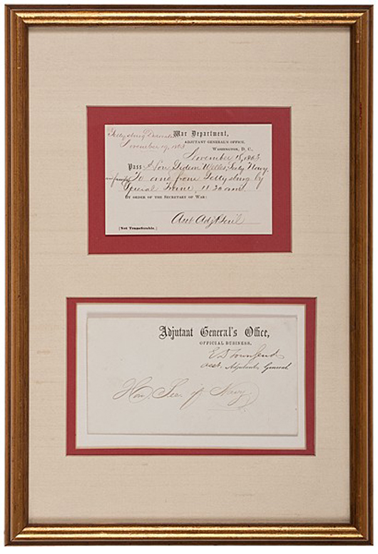 Gideon Welles' pass to the 1863 dedication of the Gettysburg Cemetery realized $43,200. Image courtesy of Cowan's Auctions Inc.