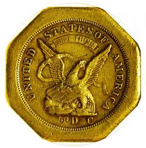 Described as a unique Augustus Humbert gold slug, this 1851 California gold rush coin was bid to $205,000 at Holabird-Kagin Americana's auction last week. The price does not include the 15 percent buyer's premium charged on coins. Assayer Augustus Humbert's first name is inverted and the date is incomplete on the rare $50 coin. Image courtesy of Holabird-Kagin Americana.