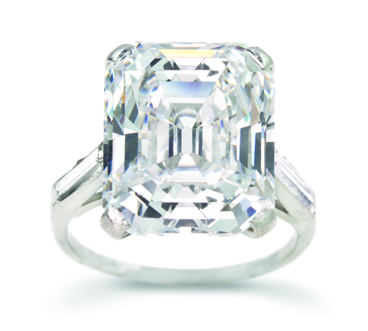 Platinum and 10.56-carat emerald-cut diamond ring sold for $632,000. Image courtesy of Leslie Hindman Auctioneers.