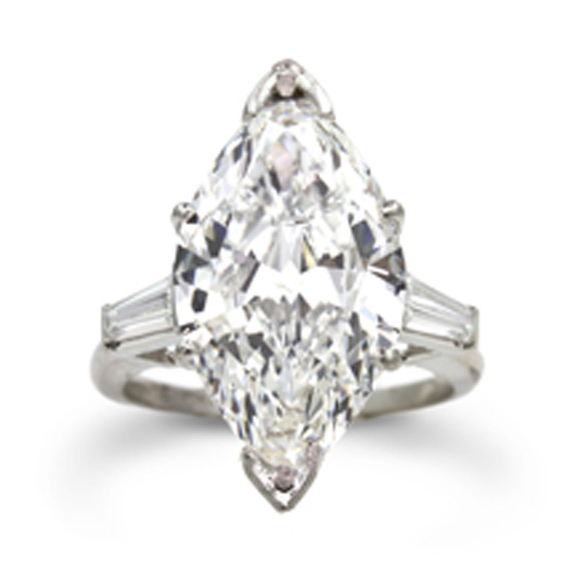 Platinum and 6.93-carat marquise cut diamond ring sold for $59,780. Image courtesy of Hindman Auctioneers.
