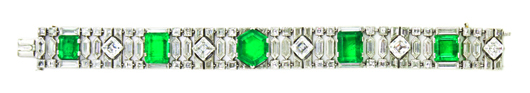 Art Deco platinum, emerald and diamond bracelet sold for $436,000. Image courtesy of Leslie Hindman Auctioneeers.