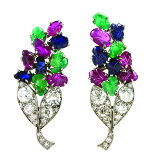 Pair of platinum, diamond and multi-gemstone Tutti Frutti earclips by Cartier sold for $63,440. Image courtesy of Leslie Hindman Aucitoneers.