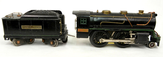 Lionel standard gauge No. 384E steam locomotive and tender. Stephenson’s image.