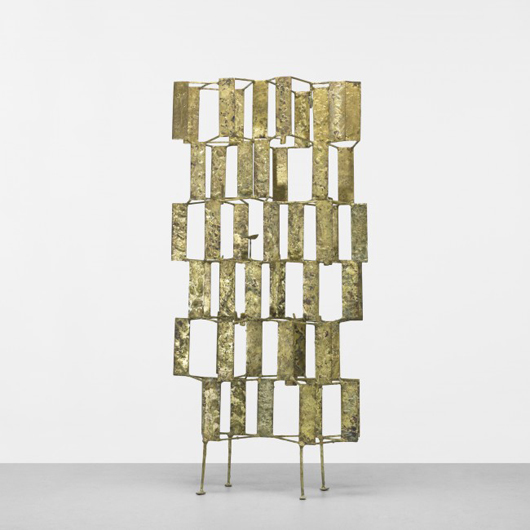 Harry Bertoia untitled (Multi-Plane Construction), USA, 1956, brass melt-coated copper and brass, 24 inches wide x 12 3/4 inches deep x 49 inches high. Estimate: $70,000-$90,000. Image courtesy of Wright.