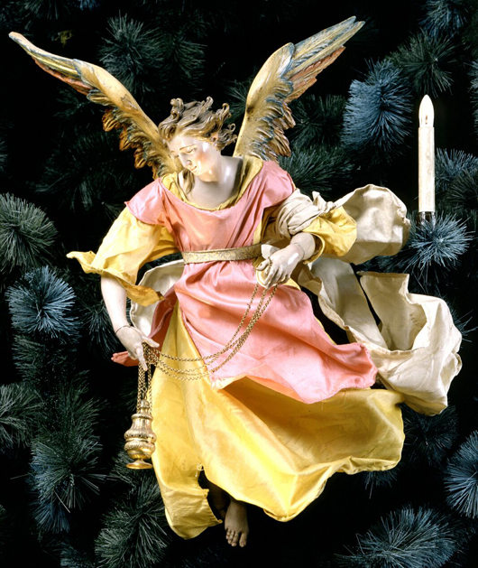Angel, 	Neapolitan, 18th century, 	Polychrome terra cotta and wood, with silk robes and silver gilt censer, Gift of Loretta Hines Howard, 1964