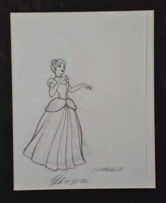 Original drawing of Cinderella used in the production of Disney merchandise, including a book. Signed and dated 8-27-02 by artist Philo Barnhart. Est. $590-$910. Universal Live image.