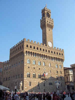Palazzo Vecchio, which overlooks piazza della Signoria, serves as a town hall in Florence, Italy. Image by Georges Jansoone. This file is licensed under the Creative Commons Attribution-Share Alike 3.0 Unported license.