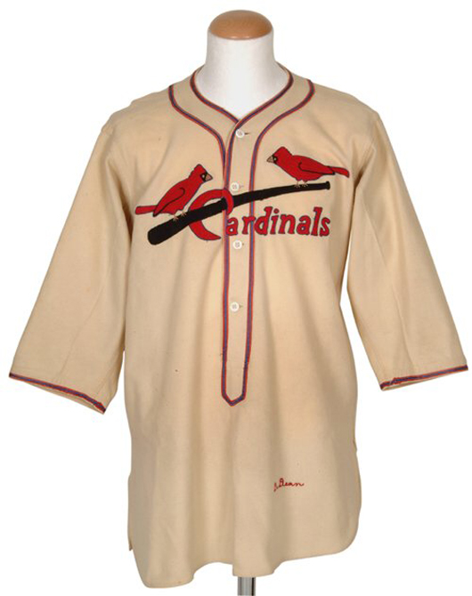 An authentic 1936 St. Louis Cardinals baseball jersey game-worn by Hall of Famer Dizzy Dean. Accompanied by impeccable provenance and professional authentication, it sold for $90,000 + buyer's premium at Robert Edward Auctions on May 1, 2004. Image courtesy of LiveAuctioneers.com Archive and Robert Edward Auctions.