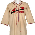 An authentic 1936 St. Louis Cardinals baseball jersey game-worn by Hall of Famer Dizzy Dean. Accompanied by impeccable provenance and professional authentication, it sold for $90,000 + buyer's premium at Robert Edward Auctions on May 1, 2004. Image courtesy of LiveAuctioneers.com Archive and Robert Edward Auctions.