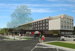 Artist's rendering of the 21c Museum Hotel currently under construction in Bentonville, Ark. The combination boutique hotel, contemporary art museum and restaurant. The museum will exhibit the work of living artists and will be open to the public at no charge. Image courtesy of 21c Museum Hotels.