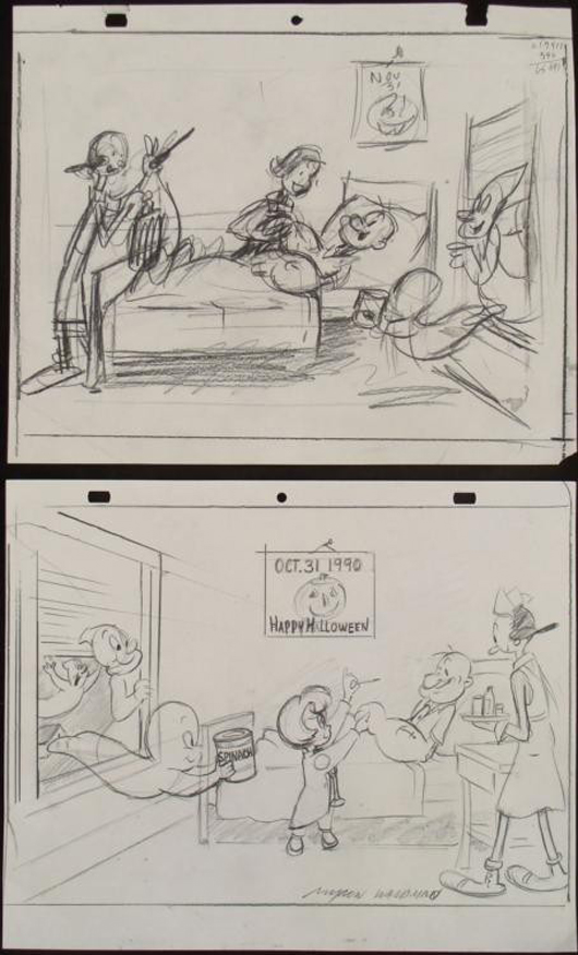Original sketch and finished production drawing of Popeye in the hospital, with nurse Olive Oyl and visitors Casper the Ghost and other friends. Signed by animator Myron Waldman. Est. $1,050-$1,620. Universal Live image.