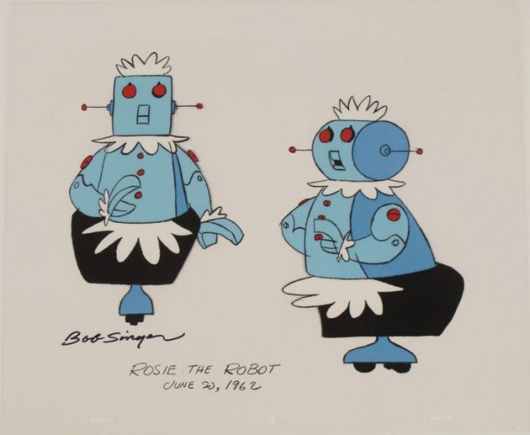 Original production animation model cel from the TV series ‘The Jetson,’ showing two views of the robot maid ‘Rosie.’ Signed in black Sharpie by artist Bob Singer. Est. $500-$770. Universal Live image.