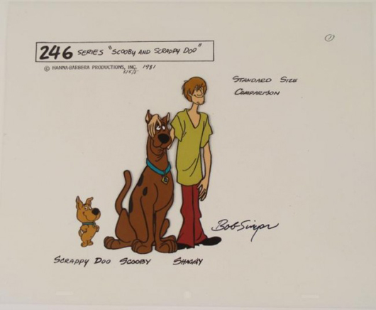 Original production animation model cel from the TV series ‘Scooby Doo,” featuring Scooby, his nephew Scrappy Doo, and their master, Shaggy. Signed in black Sharpie by artist Bob Singer. Est. $500-$770. Universal Live image.