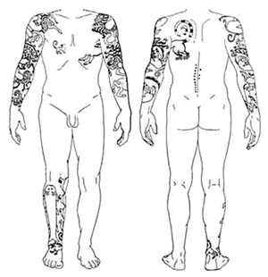 Tattooing is an artform that dates to ancient times, as documented by numerous mummy discoveries. The mummy known as 'The Scythian Chieftain' (shown in this drawing) is extensively tatooed, with zoomorphic designs covering his shoulders, arms, lower right leg and parts of his chest and back. Scythians first appeared in historical records in the 8th century BC. Geographically, they lived in the area from the Black Sea to southern Siberia and central Asia. Image courtesy of BMEZINE.com.