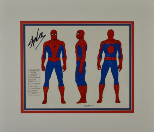 Spider-Man 3-pose original hand-painted animation model cel by artist Russ Heath. Signed in black marker by creator Stan Lee. Est. $530-$820. Universal Live image.