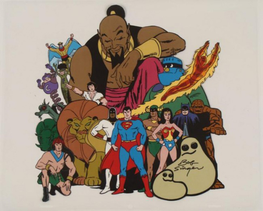 Original animation model cel featuring 18 superheroes from Hanna-Barbera cartoons, including Superman, Wonder Woman, Batman. Signed in black Sharpie by artist Bob Singer. Est. $500-$770. Universal Live image.