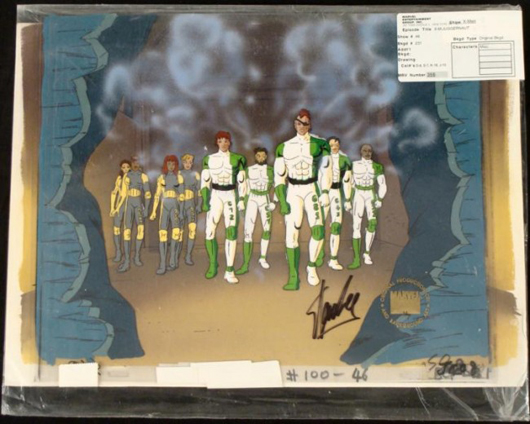 Original animation production cel and background from the TV series ‘X-Men,’ signed in black Sharpie by Stan Lee. Est. $550-$840. Universal Live image.