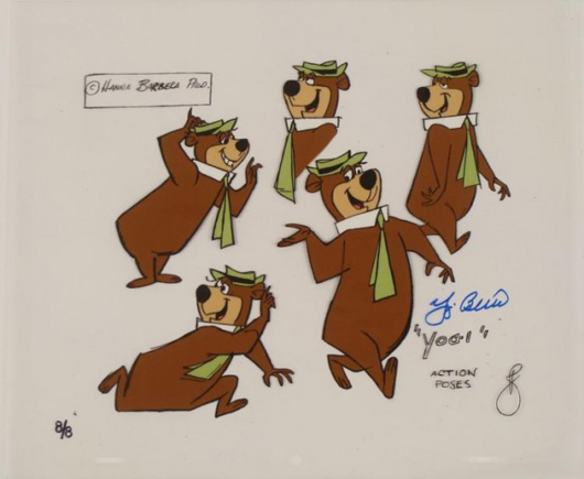 Yogi Bear limited-edition (8/8) animation production model cel, hand-painted, “signed” by Yogi, copyright Hanna-Barbera, est. $700-$1,080. Universal Live image.